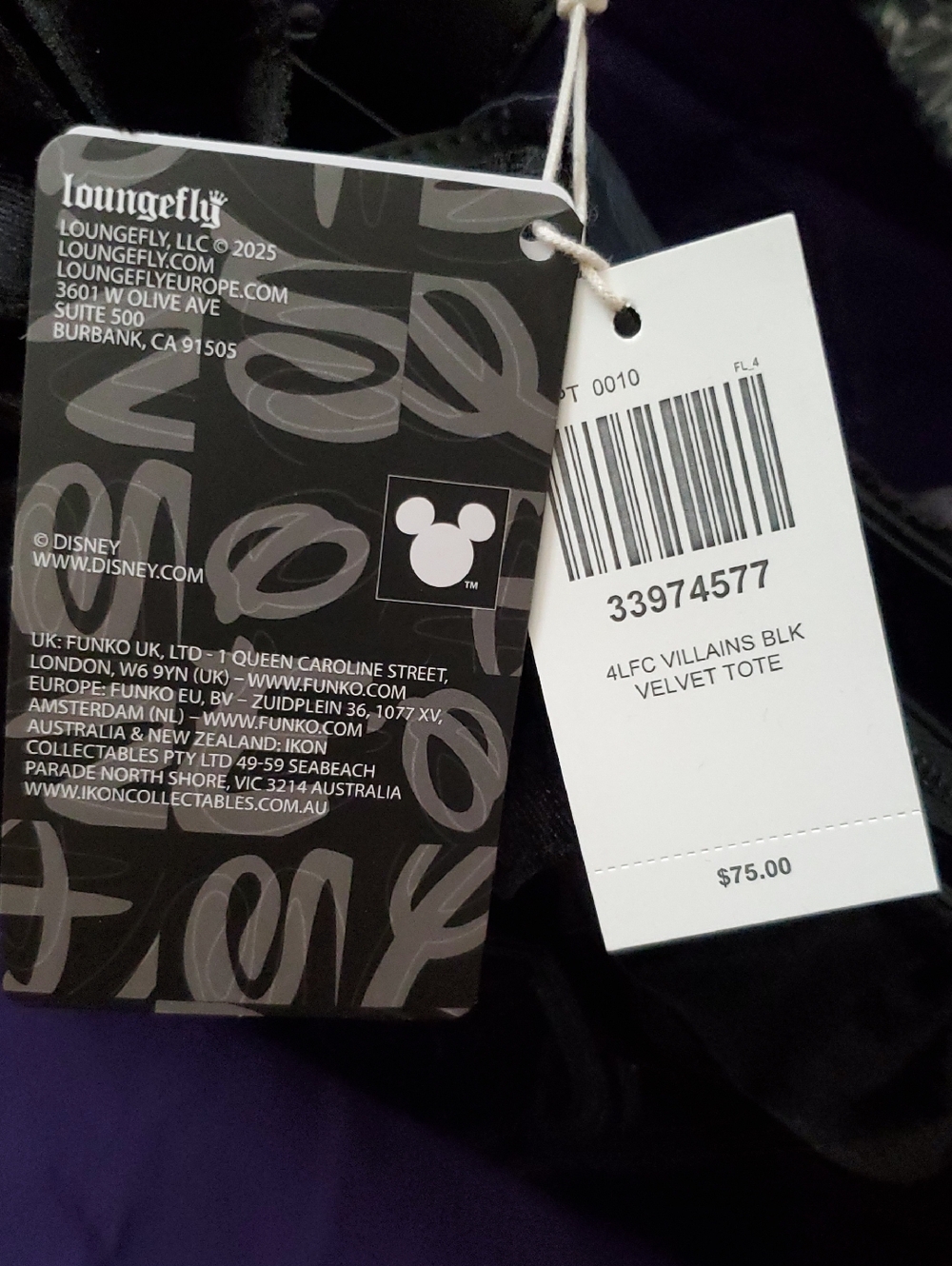 Loungefly Disney Black Embossed Gothic Tote with Velvet Trim (Hot Topic) - Picture 7 of 16